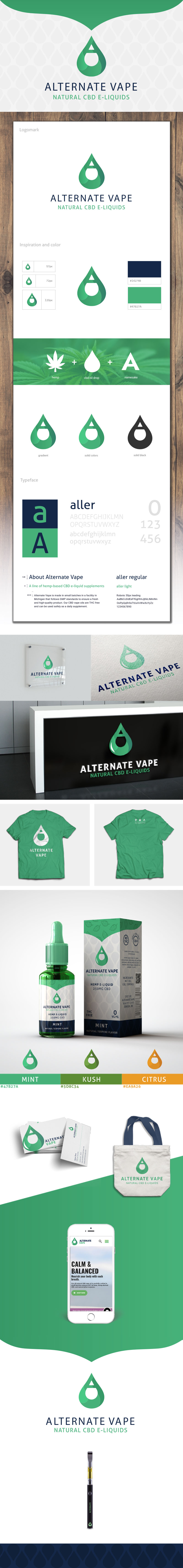 Alternative Vape brand presentation showcasing new logo design, color use, typography and mockups