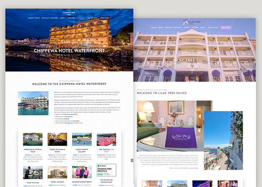 image of two website homepages Dog Ear Marketing Built for Mackinac Island Hotels